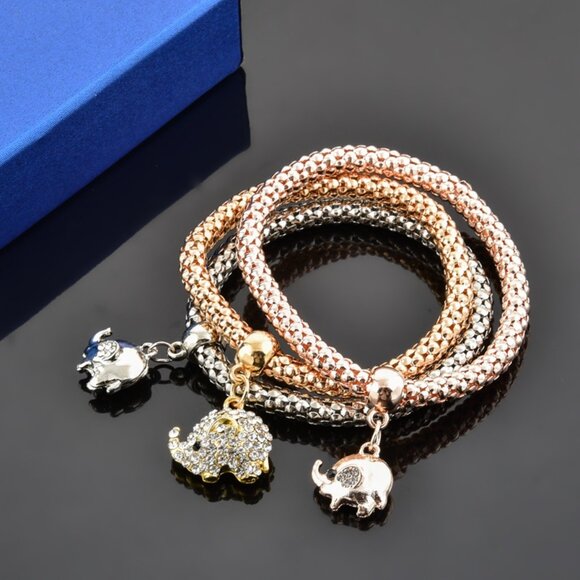Set of 3 Braided Metal Charm Bracelets with Crystal Elephant Pendants - Picture 7 of 14